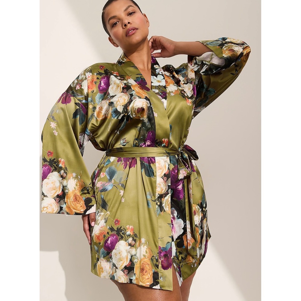 Cacique Womens Plus Size 22/24 Olive Green Floral Satin Robe Kimono Long Sleeve